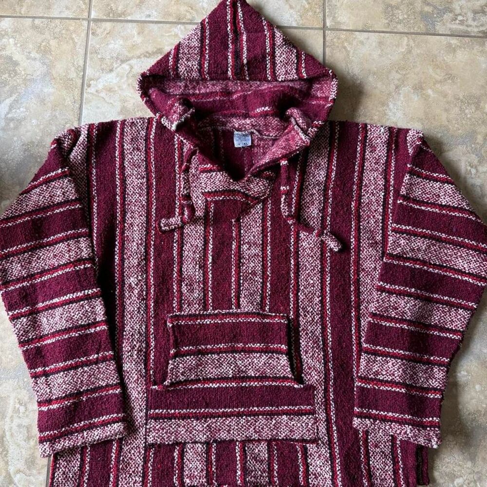Vintage 1990s Velmex Mexican Baja Jerga Hoodie Burgundy Striped Pullover XL